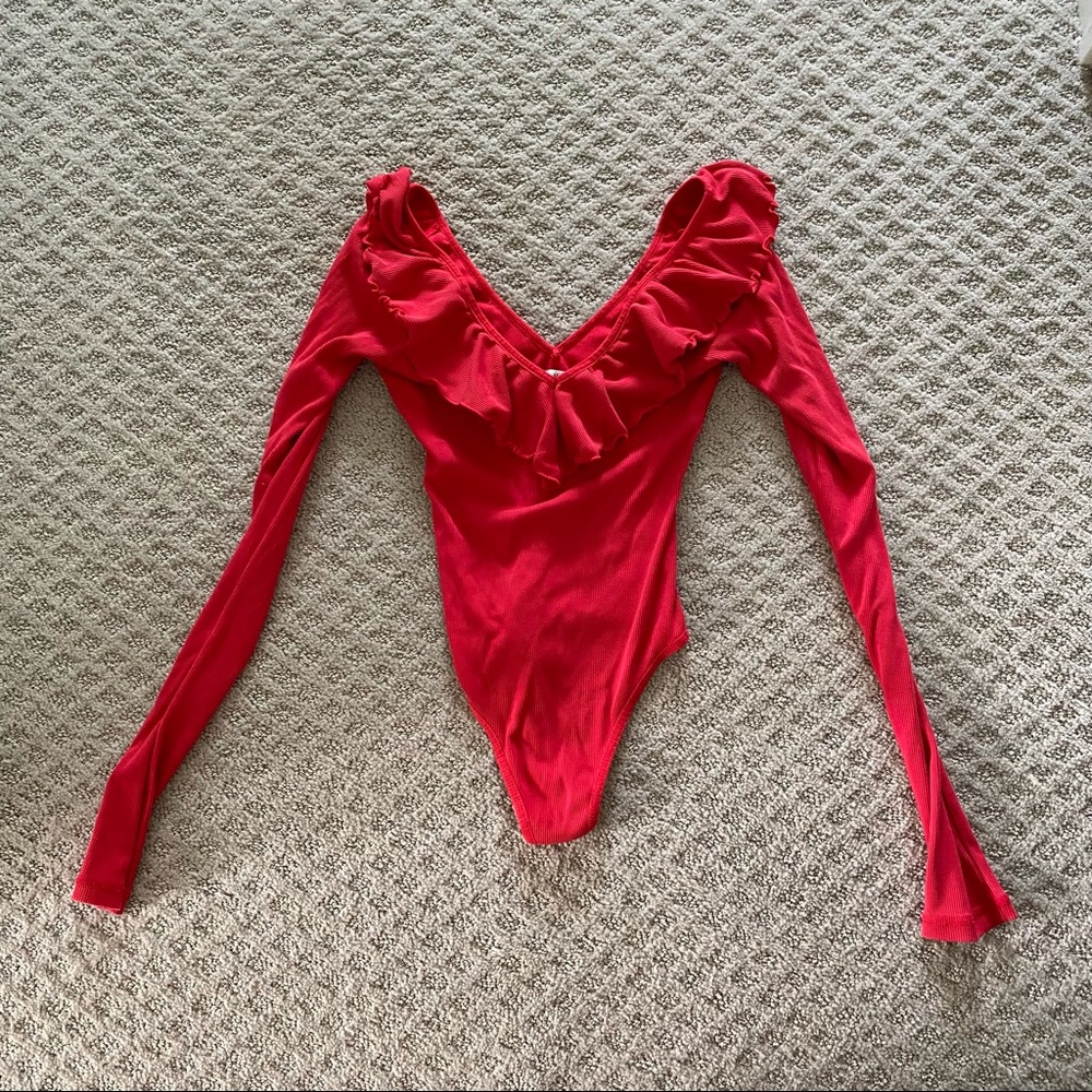 Aritzia Red Ruffle Bodysuit